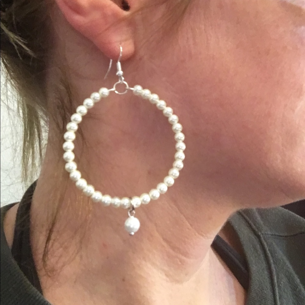 Handmade glass pearl white dangle hoop earrings